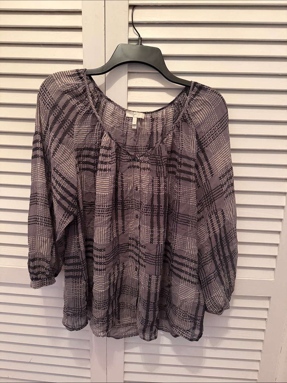 Joie Plaid Peasant Blouse in Gray and Black 100% silk. L